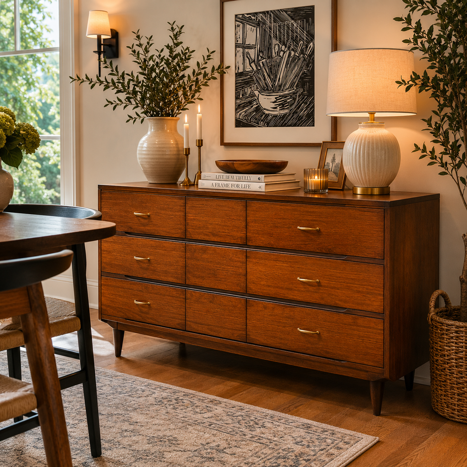 Modern restored dresser w line art in dining room