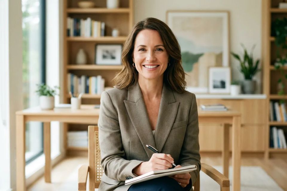 Warm, professional female life coach smiling while holding a notebook in a comfortable office.