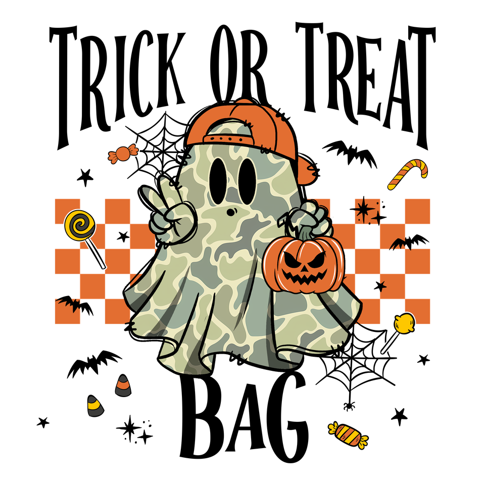 Bag   halloween trick or treat bag with orange checks and ghost
