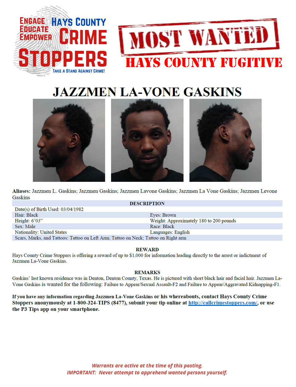 Gaskins most wanted poster