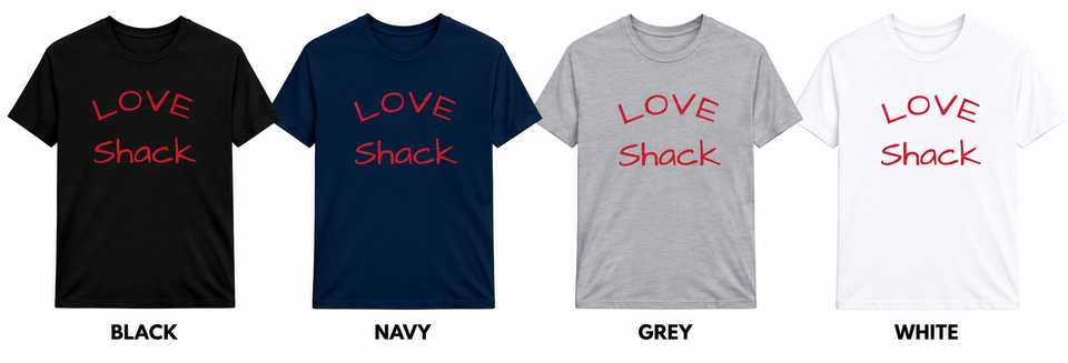 Four love shack t shirt mockups