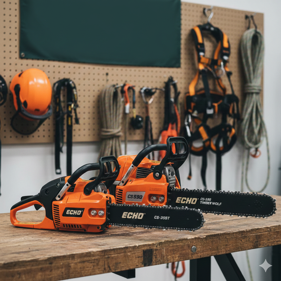 ECHO CS-590 Timber Wolf and ECHO CS-355T chainsaws on a workshop bench with arborist climbing gear in the background
