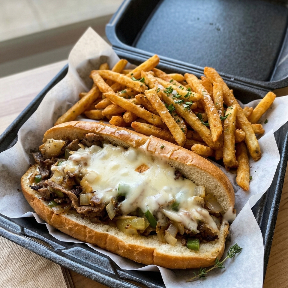 Best Philly in Lewisville, Texas Philly cheesesteak sandwich with grilled beef, peppers, onions, melted white cheese, and French fries from Wing Dash in Lewisville, Texas.