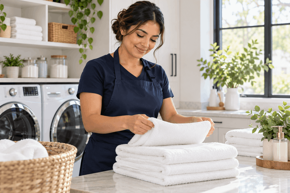Professional cleaner folding fresh towels in a bright home laundry room
