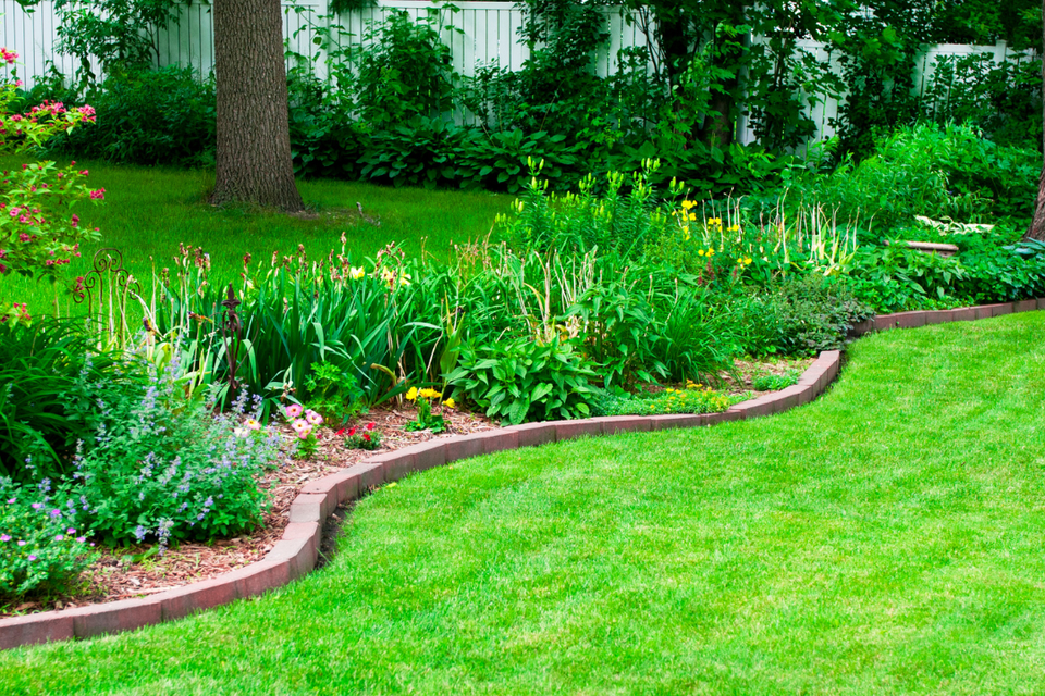 Residential landscape with lush green lawn, colorful garden beds, and neatly maintained shrubs cared for by R.E.P. Companies.