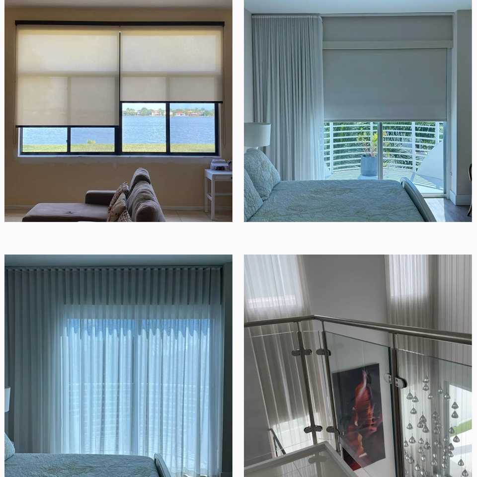 BJ&S Blinds installations showcasing roller shades and sheer drapery in bedrooms, living areas, and staircases with natural light