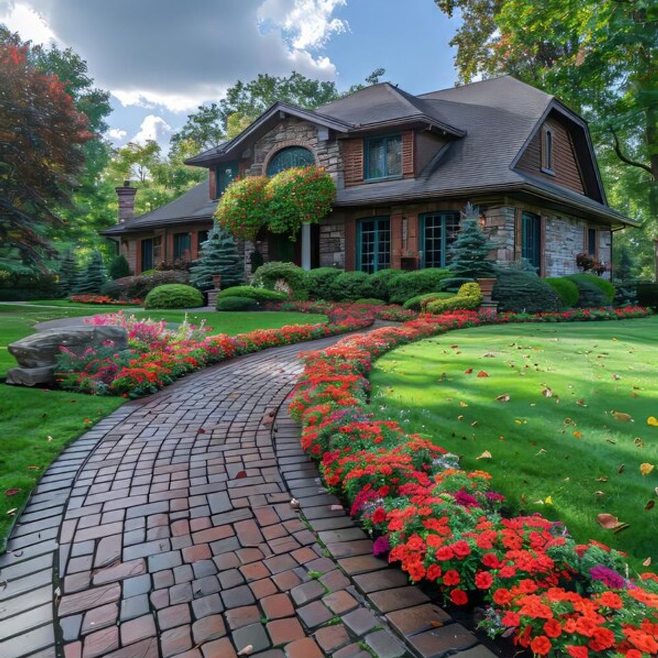 Brick walkway leads large house with garden 116317 42898