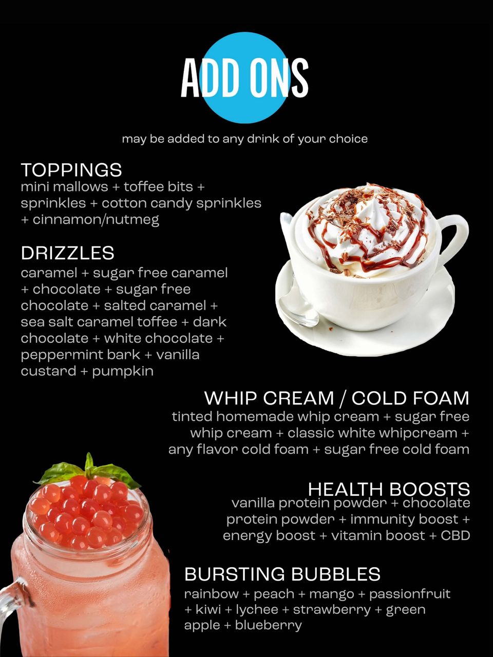 Blue Moose Coffee Lodge Ad Ons and Toppings