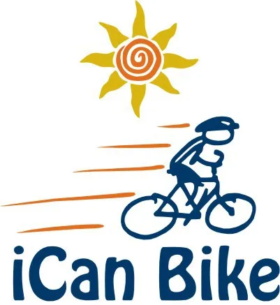 iCan Bike program logo featuring a person riding a bicycle beneath a stylized sun.