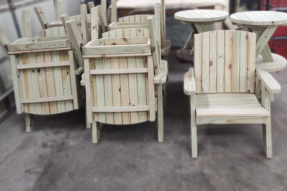 Made to order nine adirondack chairs and three small tables edited