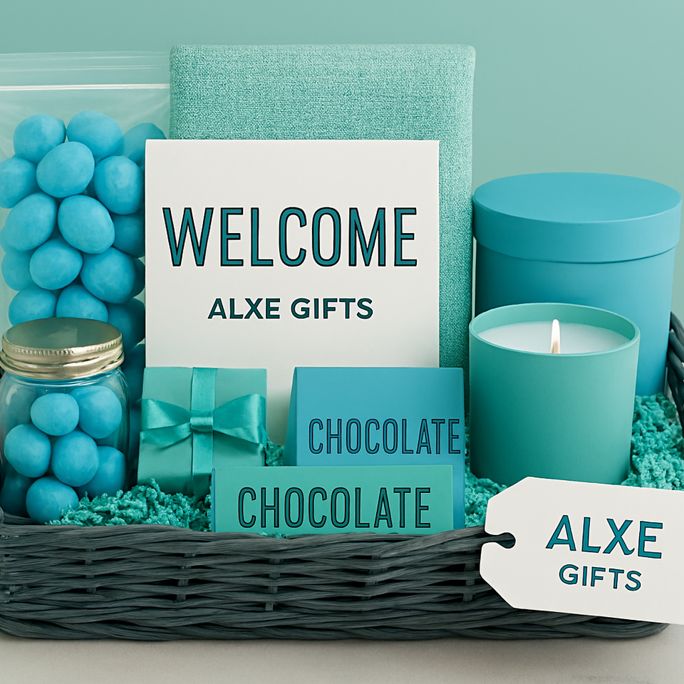 Welcome gift basket in teal and blue colors