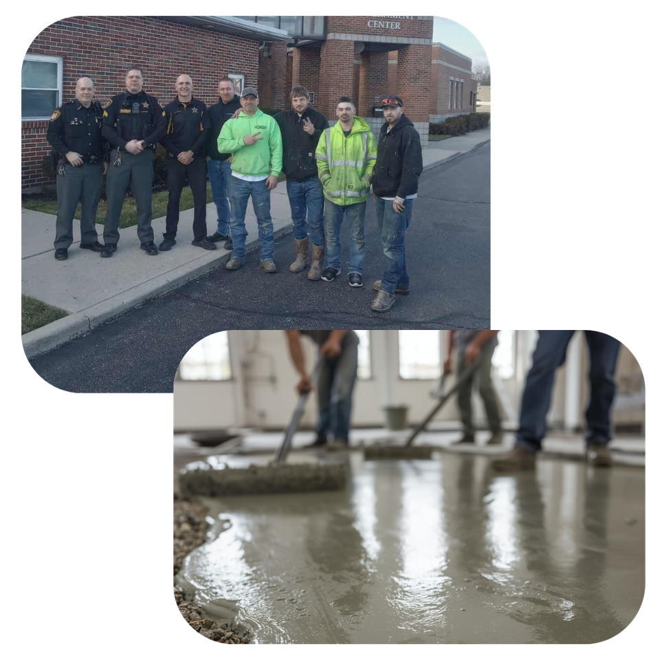 Ohio Concrete Development team standing together alongside a self-leveling concrete installation project, showcasing professional workmanship and experienced concrete services.