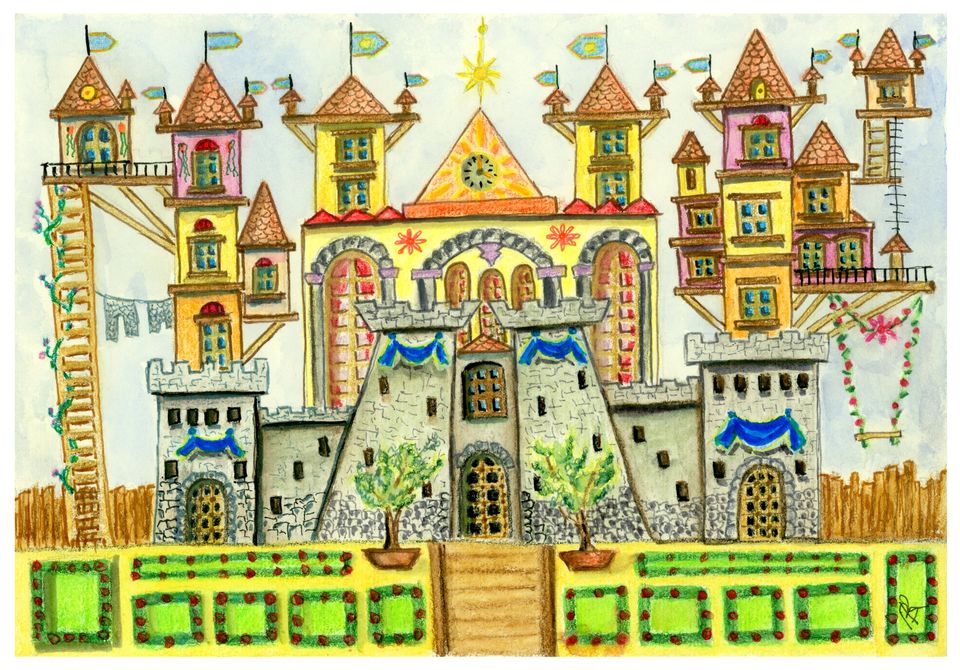 A drawing of a castle surrounded by a lush garden and tall trees, showcasing a serene landscape.
