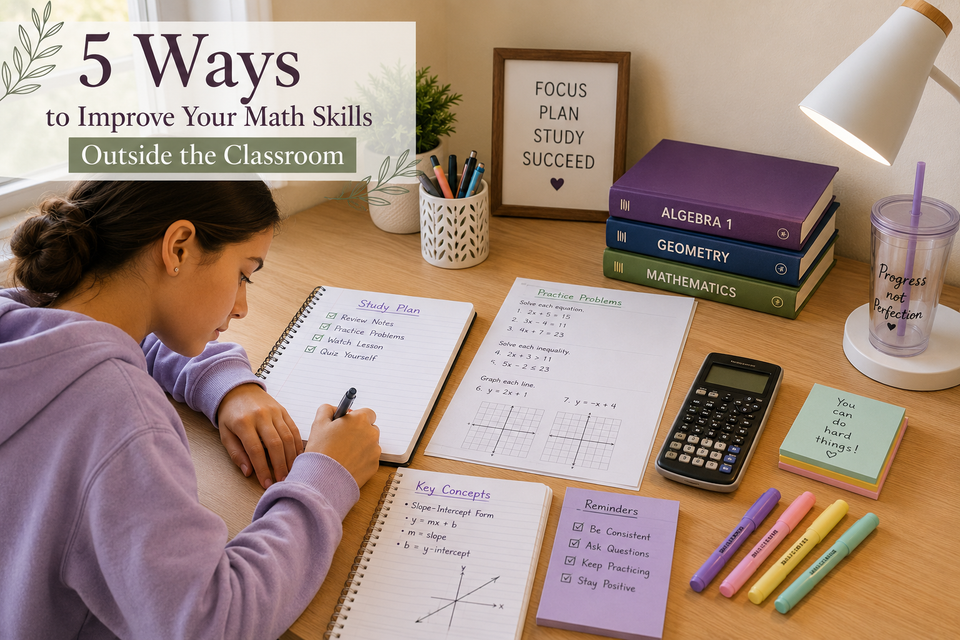 Student using math worksheets, calculator, study plan, and educational resources while practicing mathematics concepts and building confidence outside the classroom.