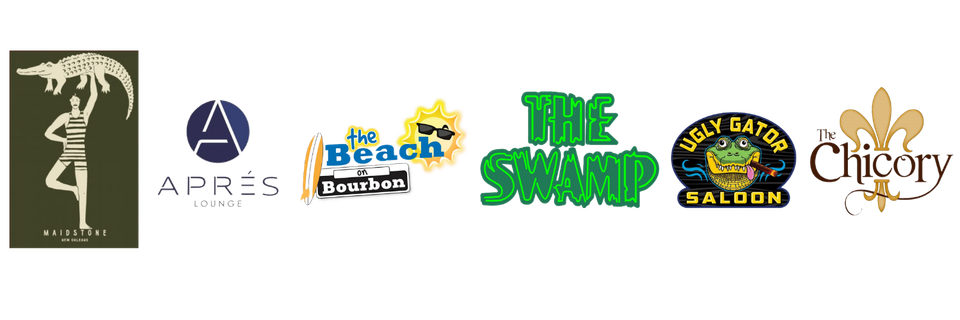 Carpe Diem venue partner logos, The Maidstone, Apres Lounge, The Beach on Bourbon, The Swamp, Ugly Gator Saloon and The Chicory.
