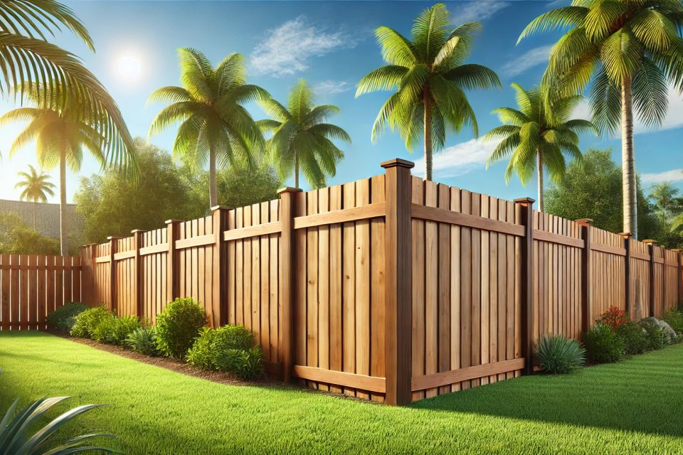 Dall·e 2025 02 19 14.06.16   a realistic image of a stockade wood fence  professionally installed in a sunny  florida themed backyard with green grass  palm trees  and a bright bl