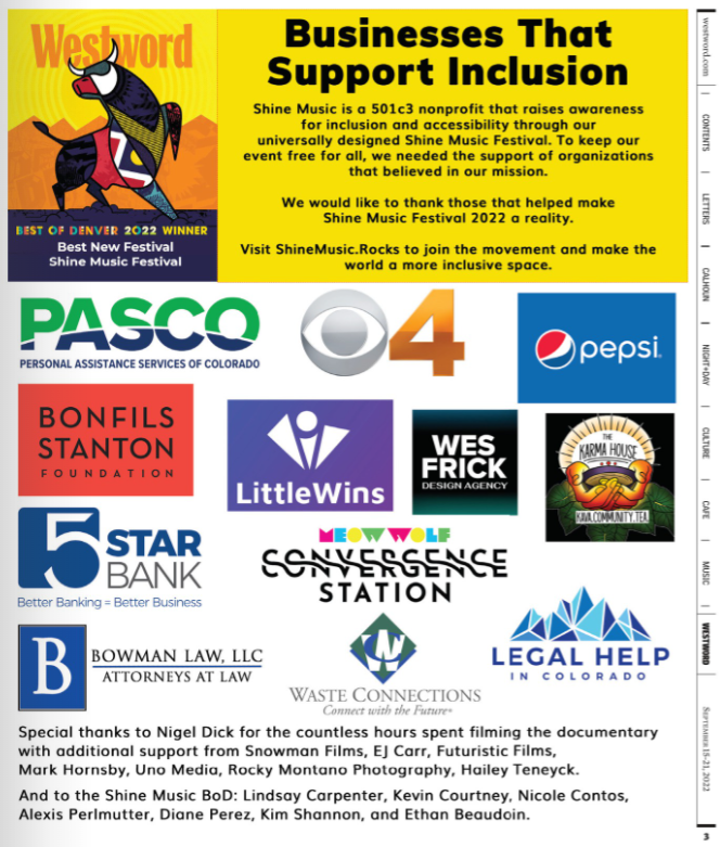 Shine Music thanks sponsors in Westword Magazine ad