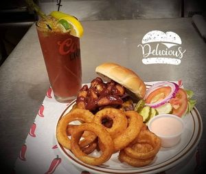 Burger and onion rings