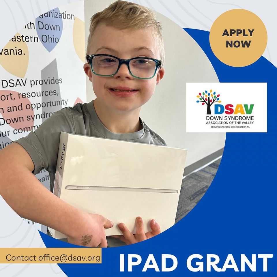 Child with Down syndrome holding an iPad alongside information about the DSAV iPad Grant Program.