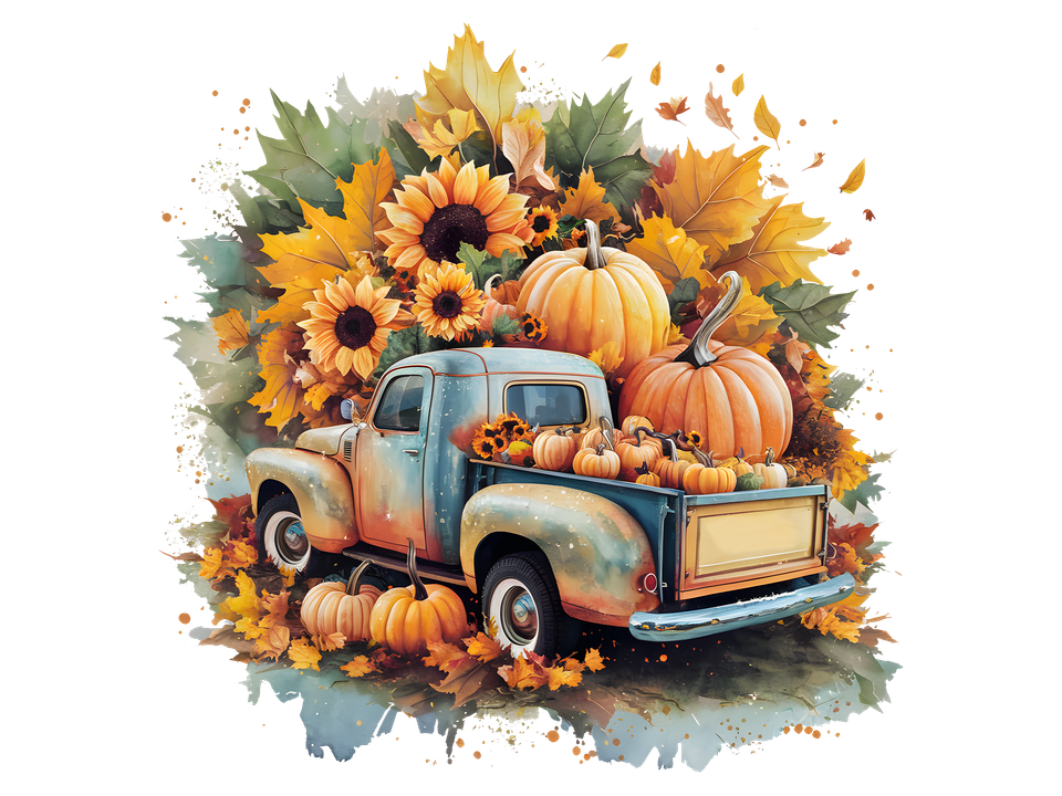 Seasons   fall pickup truck with pumpkins and sunflowers