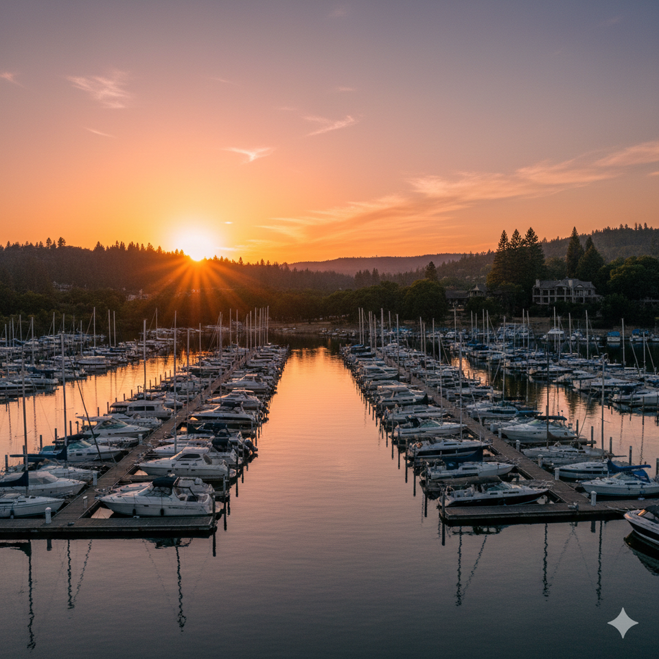 Sunset over the Folsom Lake Marina in Granite Bay, CA—Providing luxury stone fabrication and artisan tile installation for prestigious Placer County lakefront estates by LuXe Design Tile and Granite inc..
