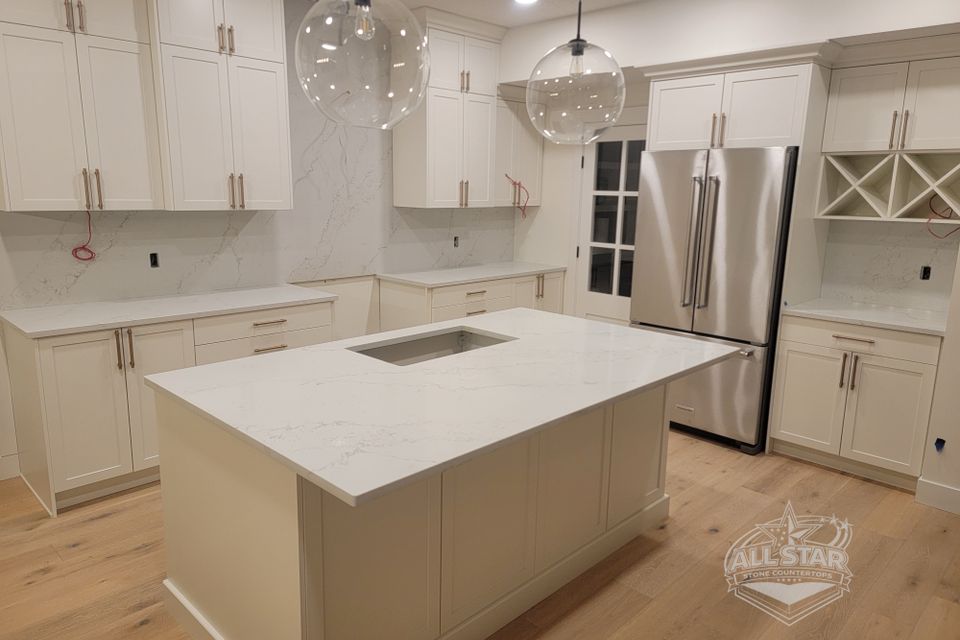 Stone white island countertop installed in Houston Texas area