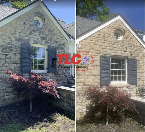 Before and after soft wash house cleaning in Norton Commons, KY – TLC Pressure Washing removing green algae from siding.