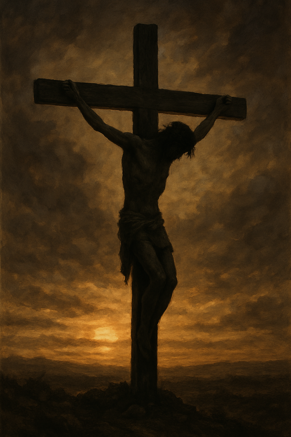 Silhouette of Jesus Christ on the cross against a dramatic sunset sky.