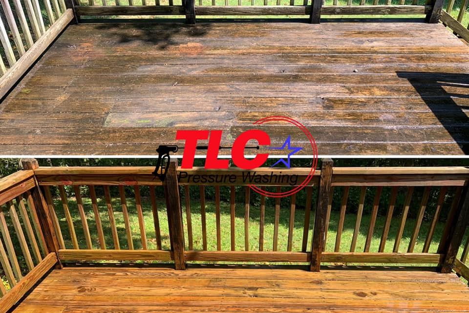 Professional deck cleaning and algae removal in Louisville, KY showing the restoration of weathered wood