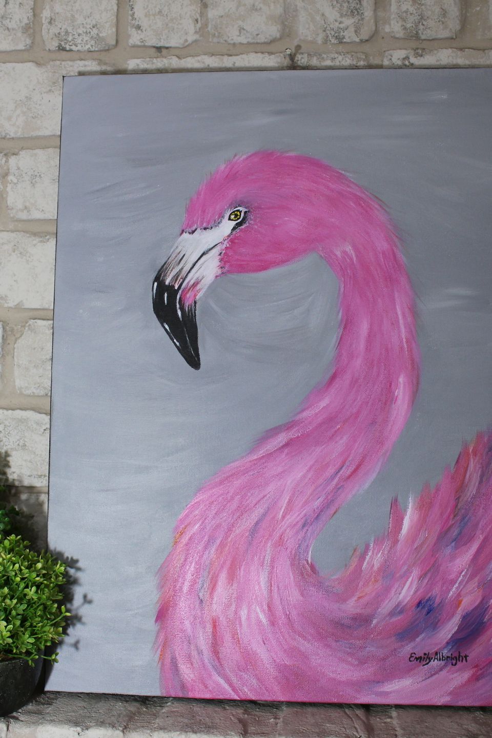 pink flamingo grey sky acrylic painting artwork by artist Emily Albright