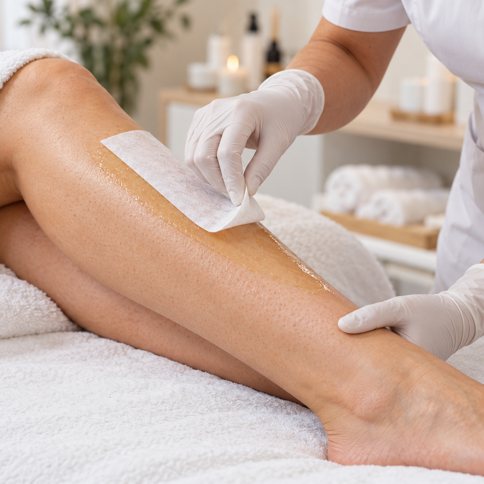Professional esthetician gently lifting a waxing strip from a client’s lower leg at Veritas Skin Wellness in Folsom, CA.