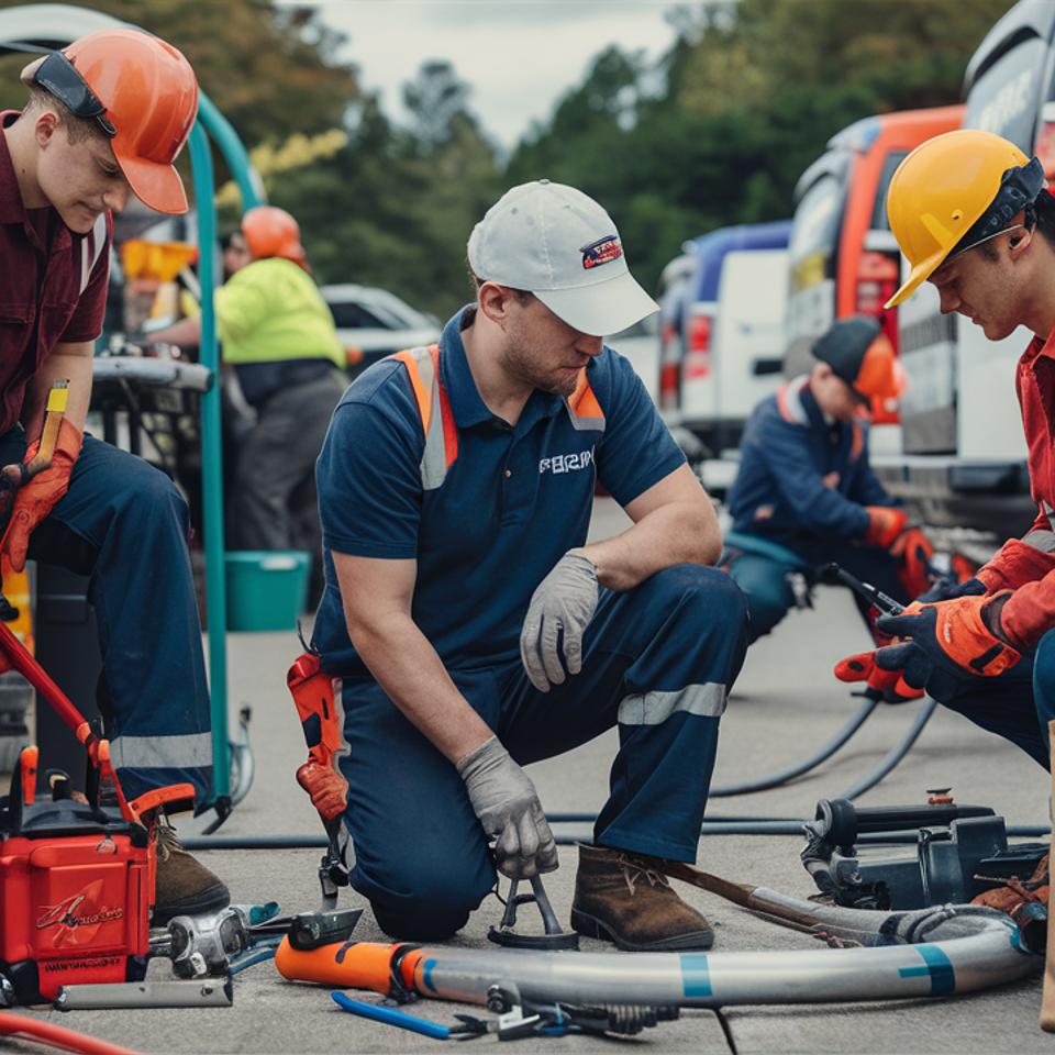 Propane technicians conducting equipment maintenance in front of service fleet, emphasizing expert team collaboration and emergency preparedness in the propane industry.