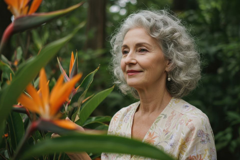 elderly woman looking thoughtfully into the distance surrounded by plants and greenery at home in Naples Florida