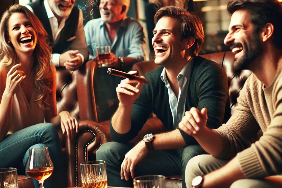 Dall·e 2025 04 04 17.23.16   a casual  welcoming scene in an upscale cigar lounge. a small group of friends or acquaintances—diverse in age and appearance—are laughing  conversing