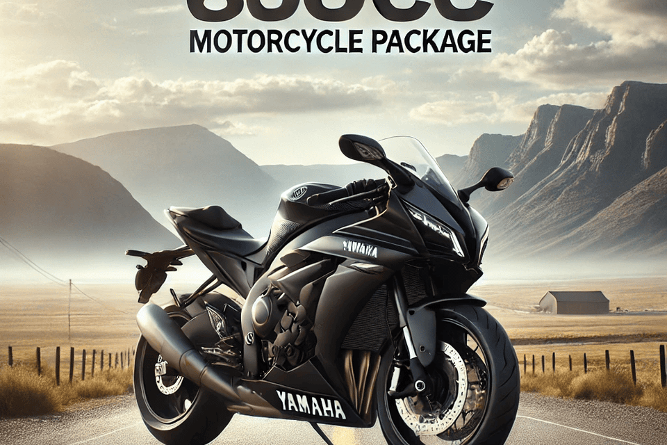 Dall·e 2024 09 15 06.33.22   a sleek yamaha 600cc motorcycle on an open road with mountains in the background  labeled yamaha 600cc motorcycle package.png