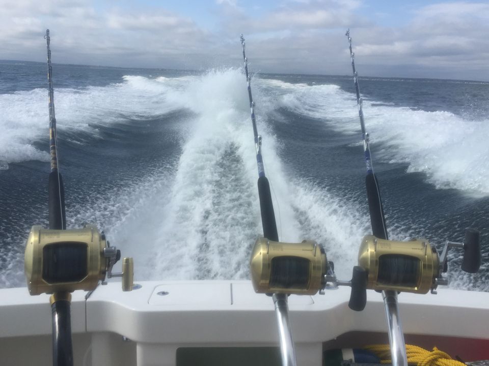 View of polar bear boats wake and fishing reels and rods from stern