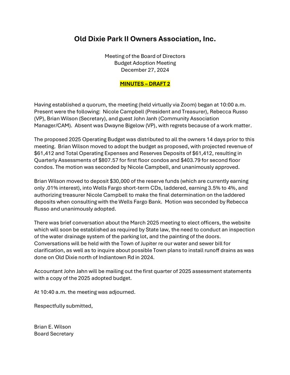 Hoa budget minutes december 27 2024