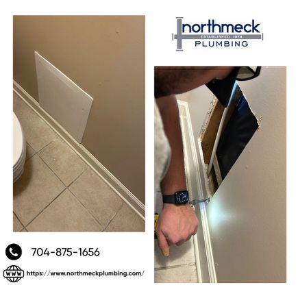 Access panel after repair on shower valve plumbing pipes. 