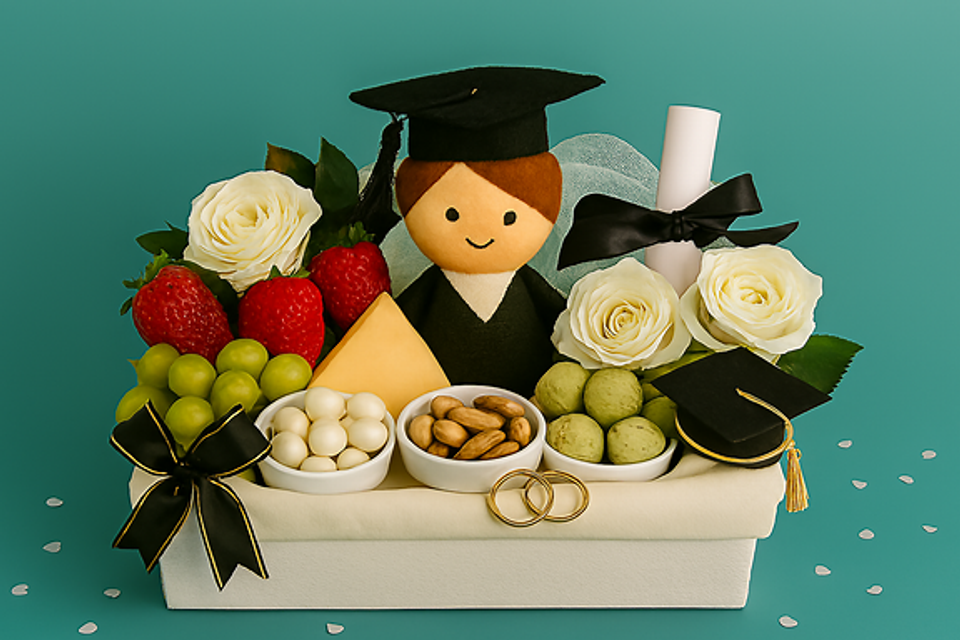 Graduation gift basket in landscape format with a soft teal background and white netting. Includes plush graduate doll, mini graduation hats with tassels, rolled diploma, white roses, cheese, strawberries, grapes, yogurt-covered almonds, roasted nuts, matcha truffles, and gold-ribboned gift box Graduation