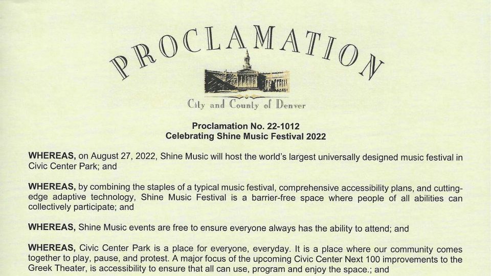 Shine Music Proclamation from the City and County of Denver 2022