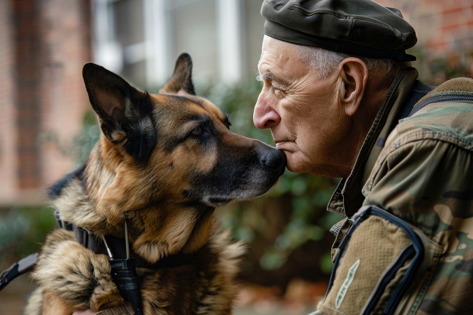 Emotional support dog gently nuzzles veteran providing comfort companionship emotional support animal offering reassurance its handler difficult moment