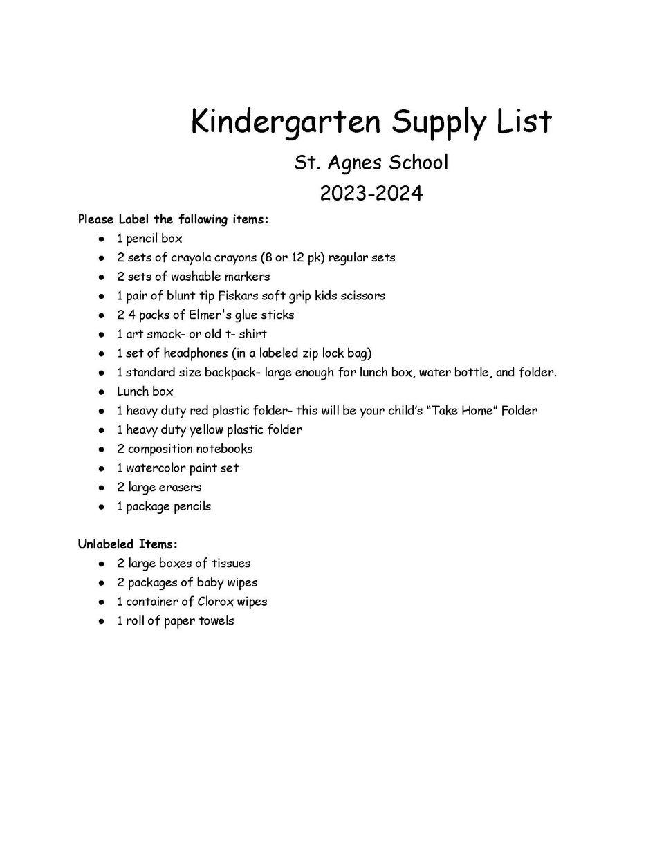 Kindergarten supply list 2023 2024