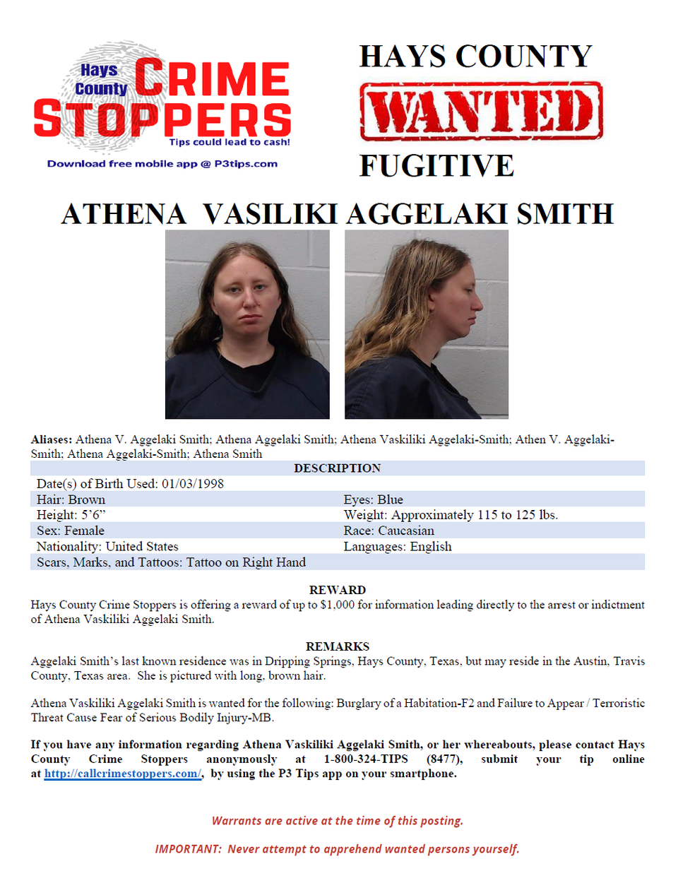 Aggelaki smith wanted poster