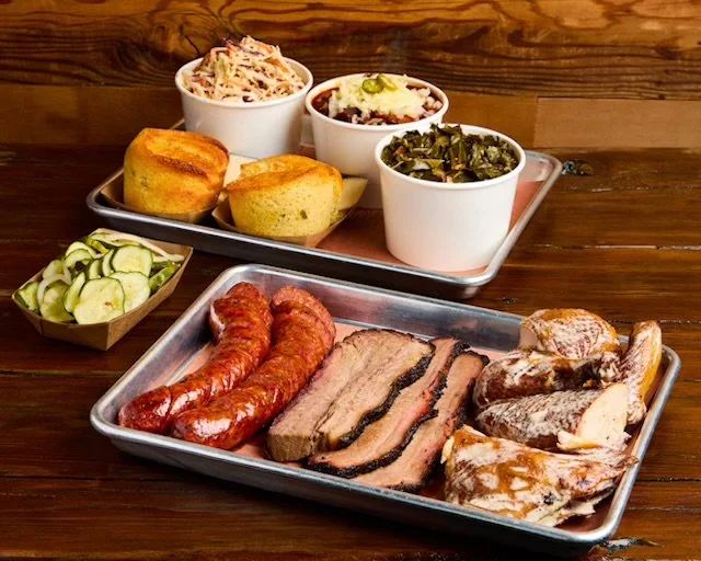 Three meats, Three sides, pickles and cornbread, Pig in a Pickle BBQ 