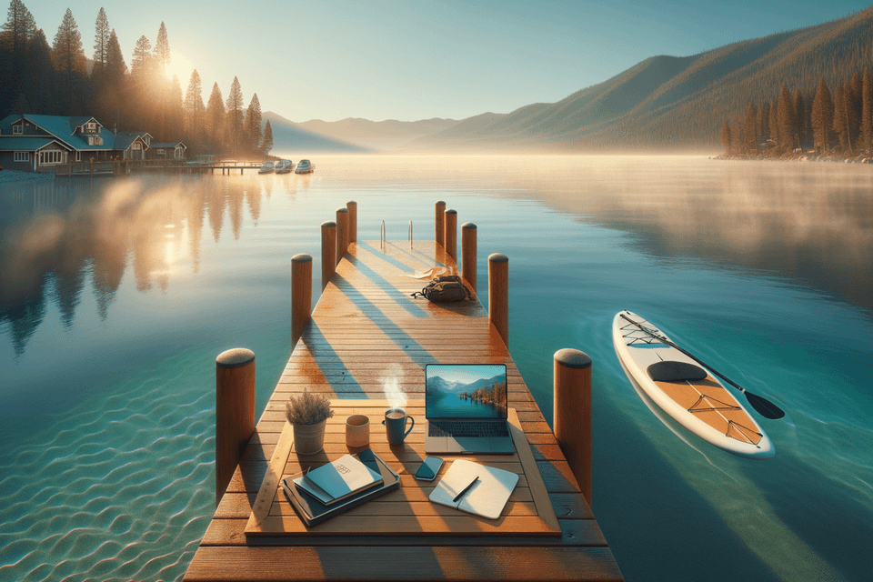 Working on a pier with a paddleboard afloat in the water next to it 