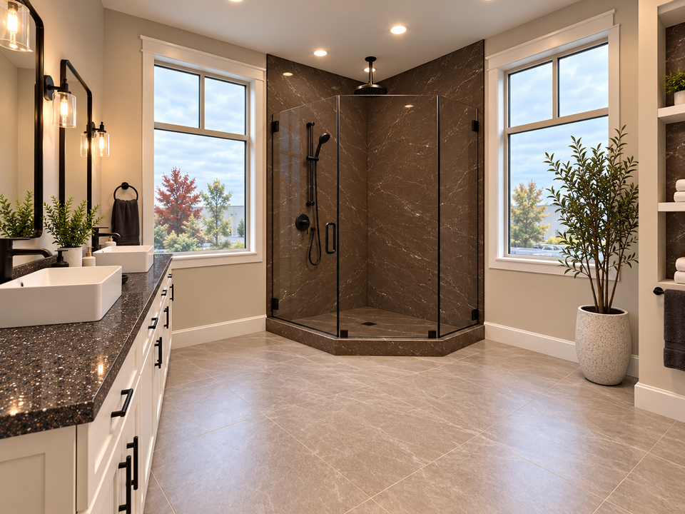 Modern bathroom with speckled marble vanity