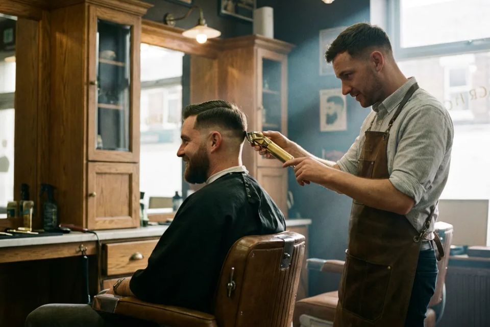 Classic barbershop men's skin fade haircut and beard trim service