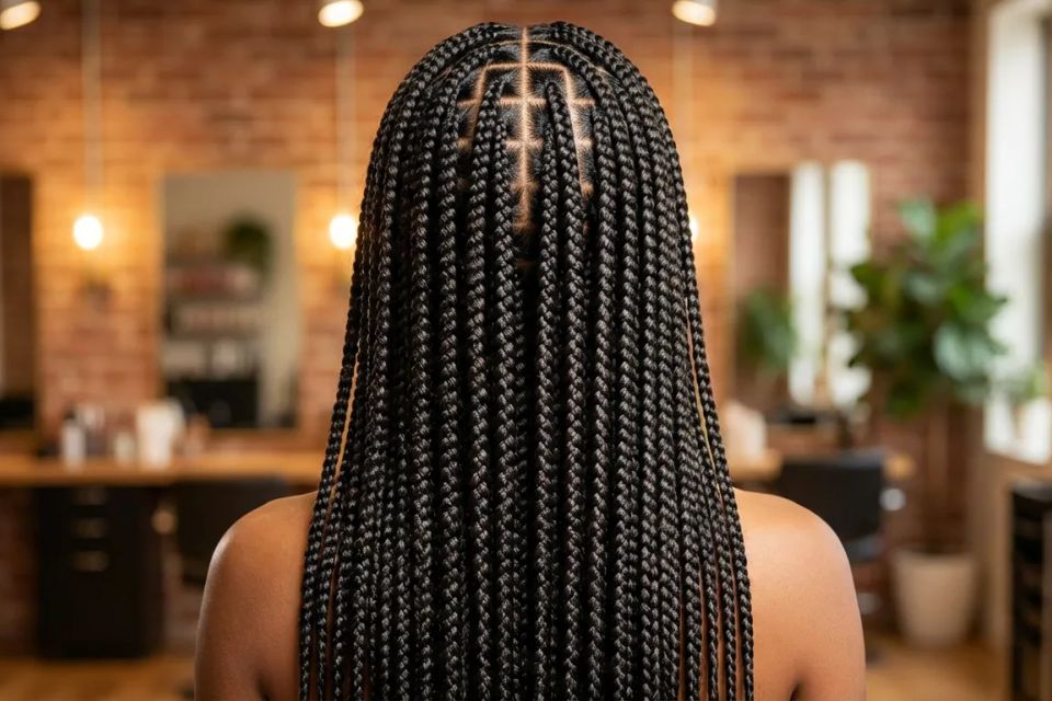 Back view of neat, symmetrical box braids hairstyle on a client