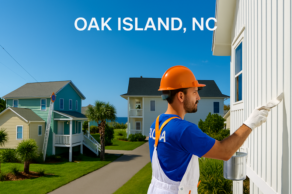 Nova Roofing employees painting coastal homes in Oak Island NC with ocean horizon and pastel houses in background