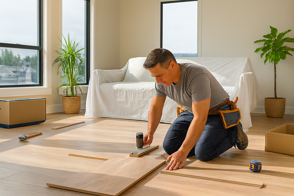 Professional installer kneeling on the floor using a mallet and tapping block to fit light wood‑look laminate planks in a bright living room with large windows, covered sofa, and a potted plant.